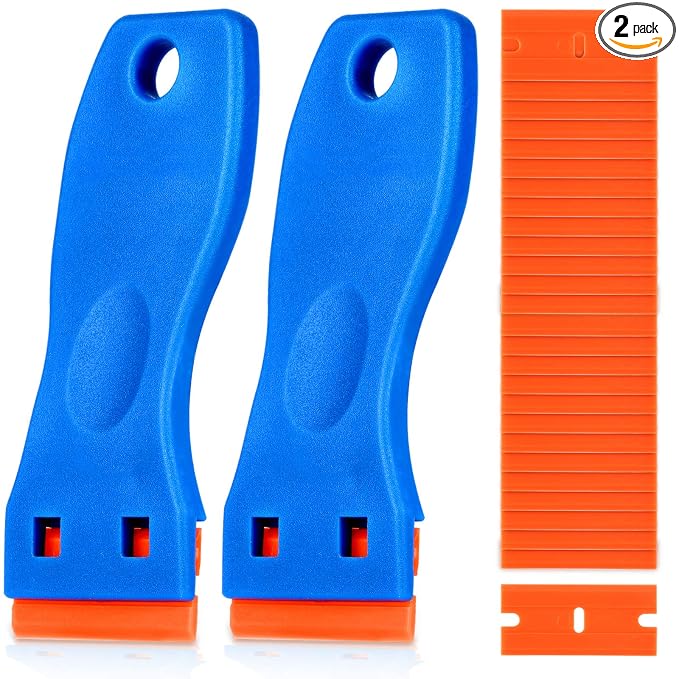 KUSUFEFI Plastic Razor Blade Scraper, 2PCS Scraper Tool with 60PCS Plastic Blades, Cleaning Scraper Remover for Stickers, Decals, Adhesive, Labels, Paint, Glass, Car, Window, Caulk, No Scratches