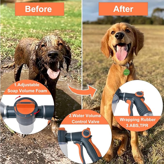 8-in-1 Dog Washing Hose Attachment with Soap Dispenser for Pets | 3.5oz Integrated Foam Water Design, Multi-scene Household Indoor& Outdoor Tool, Labor-saving Ergonomic Handheld Grip