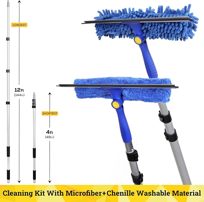 2-in-1 Window Squeegee with 4–12 ft Telescopic Extension Pole | Window Washing Kit for Home & Commercial Glass Doors, High Windows, 2 Sleeves Included