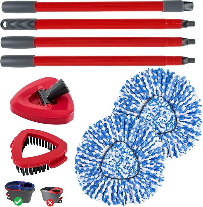Spin Mop Handle Replacement for Ocedar, Mop Heads Replacements Compatible with RinseClean 2 Tank System,Include 2 Microfiber Mop Replace Heads,4 Section 30-58" Iron Mop Handle,1 Base and 1 Scrub Brush