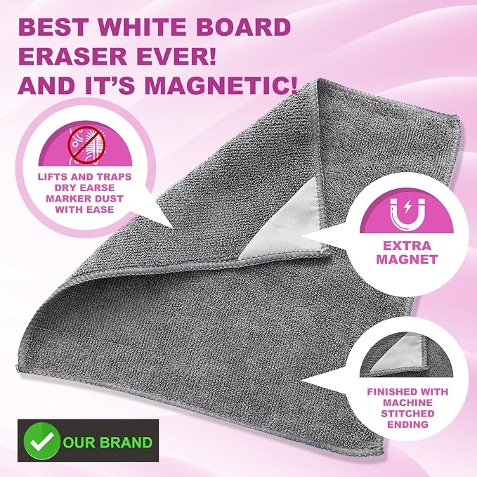 Tudomro 30 Pcs Magnetic Microfiber Cleaning Cloth, Gray | 10'' x 10'', Dry Erasers Bulk, Whiteboards Dry Erase Cloth, Cleaner Reusable, Home, Office,