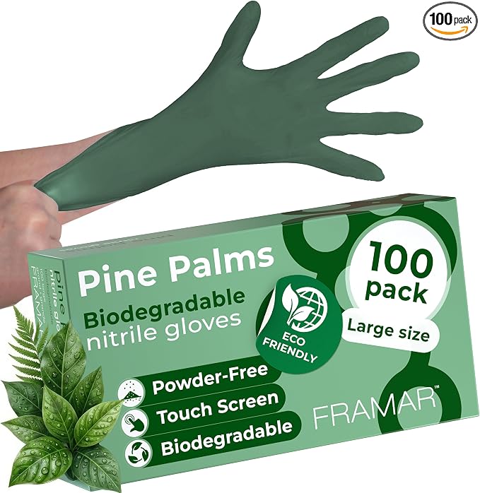 FRAMAR Biodegradable Green Gloves Latex Free Large, Disposable Nitrile | Gloves Large, Cleaning Rubber Glove Disposable, Non Latex Hair Dye Glove 100 Pk