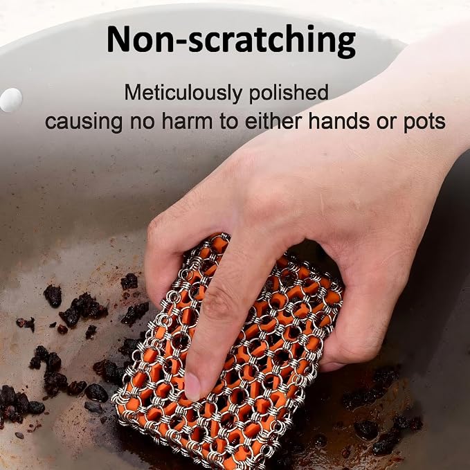 2026 Upgrade 316 Stainless Steel Pan Cleaner,4.5 Inch Triple-Ring Chain Mail Scrubber with Silicone Core, Cast Iron Pot Brush for Easier Removal of Stubborn Oil Stains & Food Residue–Orange