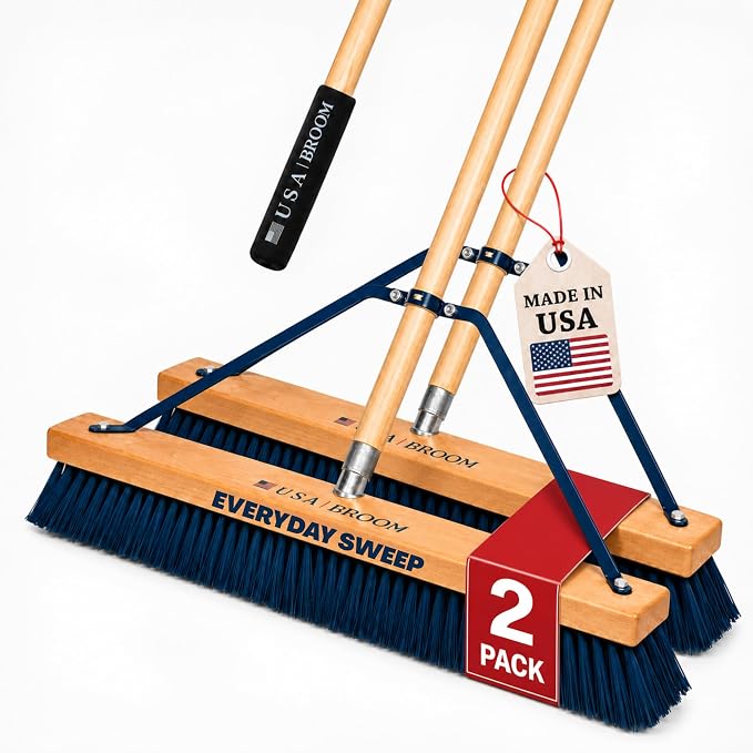 2-Pack - 24" Everyday Sweep Indoor/Outdoor Push Broom with 60" Handle. Ideal for Garages & Shops. Durable American Made Steel Brackets-All Stainless Steel Hardware. No Plastic. 100% USA Made