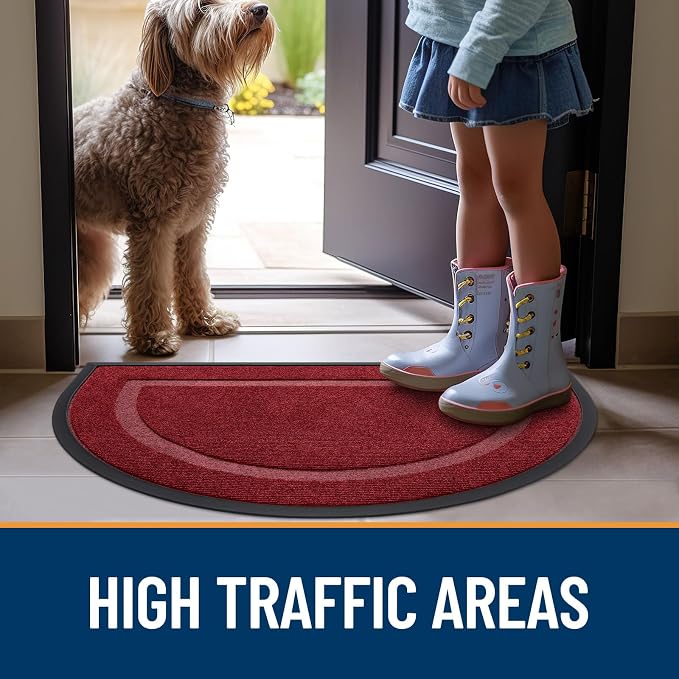 OLANLY Half Circle Front Door Mat Outside 47x23 All-Season Rubber Doormat | Wine Red, Absorbent, Heavy-Duty, Stain Fade Resistant, Waterproof Non-Slip Backing, Low-Profile Indoor Outdoor Entryway Mat