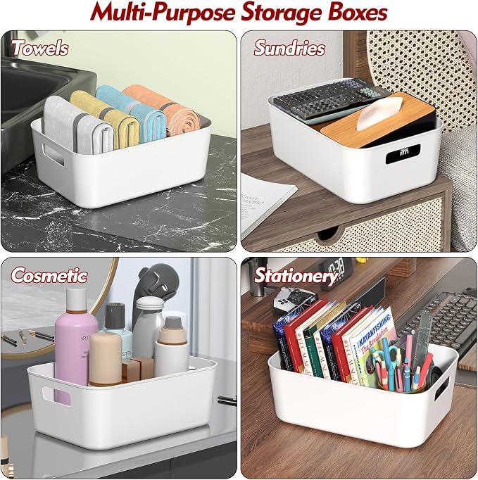 12 Packs Plastic Pantry Organizing Bins, Small Open Storage Bin | White Plastic Container, Cabinet Organizer Bin