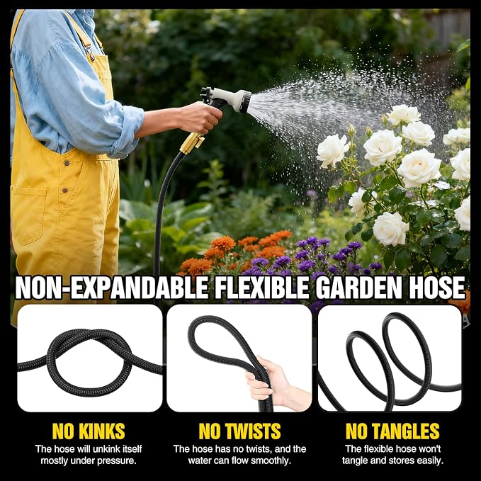 Garden Hose 50 ft Non-Expandable, Flexible Water Hose, Lightweight Hose with 10-Function Nozzle for Yard, Portable, Leak Proof, All-Weather Water Pipe for Outdoor, Car Wash, RV, Lawn