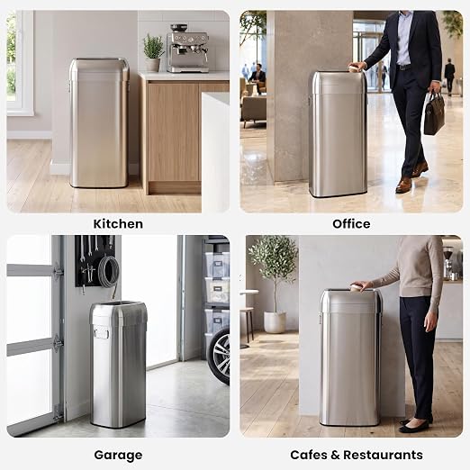 iTouchless 30 Gallon 114L Oval Open Top Stainless Steel Extra-Large Commercial Trash Can with Wheels, 2 AbsorbX Odor Filters | ADA Compliant Bin for Restaurant Restroom Hotel Office Healthcare Retail