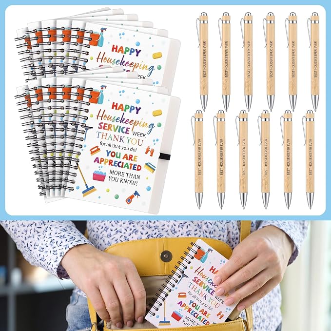 Resurhang 12 Sets Housekeeping Week Appreciation Gifts Bulk Spiral Notebook and Housekeeper Thank You Bamboo Pens with Sticky Tags for Staff House Cleaner Custodian Staff Employees