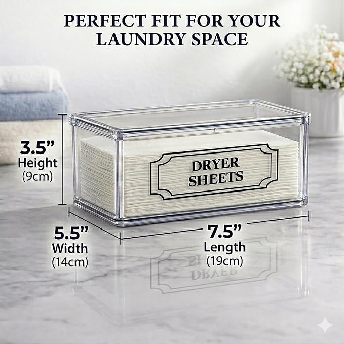 SSTATES Clear Acrylic Dryer Sheets Holder, Flip-top Laundry Pods Container with 2 Label Decals for Laundry Room Organization and Décor, Stackable Storage Box (1 Pc)
