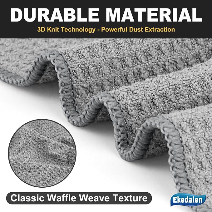 Microfiber Cleaning Cloth Lint Free Glass Polish, Grey | Waffle Weave Kitchen Towels, Quick Dry, Streak Free, Dust Rags for Household, 12 x12 in, 6 Pcak