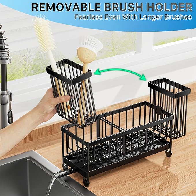 Cisily Sponge Holder for Kitchen Sink, Sink Organizer with Brush Holder | Kitchen Countertop Organizers and Storage Essentials, Rustproof 304 Stainless Steel (Black, 9.25″)