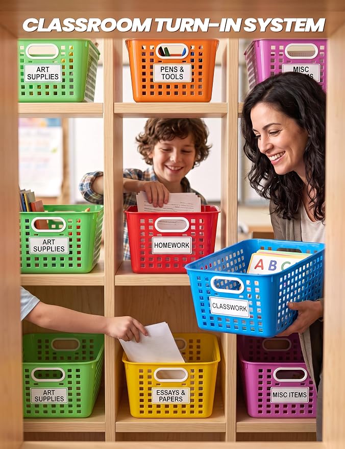 6 Pack Plastic Classroom Storage Baskets, Organizer Bins with Handle | Rainbow Color 11" × 7.1" × 4.6" Medium Papers Book Storage Organizer for School Classroom Library Office Home Desktop Closets
