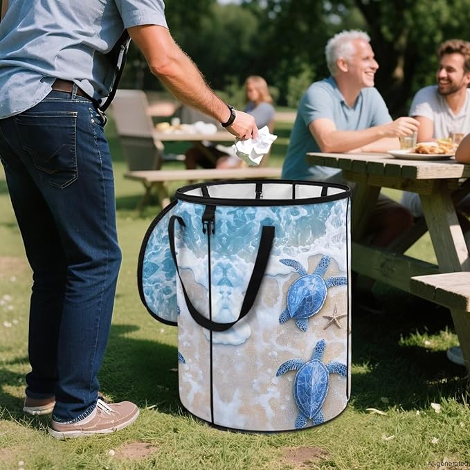Beach Turtle Collapsible Trash Can – Portable Foldable Garbage Bin for Camping, Picnic, Beach Trips, Heavy Duty 24 Gallon Waterproof Outdoor Trash Bag Holder with Carry Handle