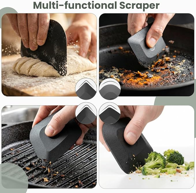 Cast Iron Scrubber with Long Handle Dish Scouring Pad Chainmail Cleaner | 316 Cast Iron Scrubber for Pan Skillet, Dishwasher Safe Cleaning Kit (Black, 1 Scrubber + 1 Scraper)