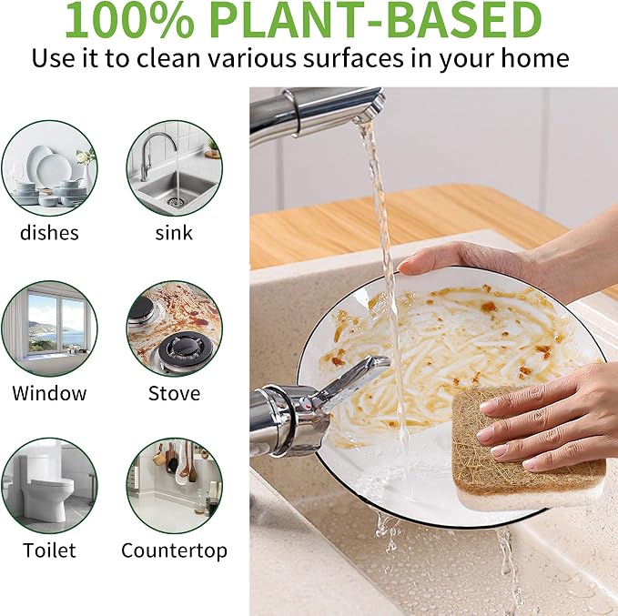12Pack Kickleen Natural Kitchen Scrub Dish Sponges with Suction Hanger | Biodegradable Compostable Cellulose and Coconut Non-Scratch Sponge for Kitchen, Bathroom, Household