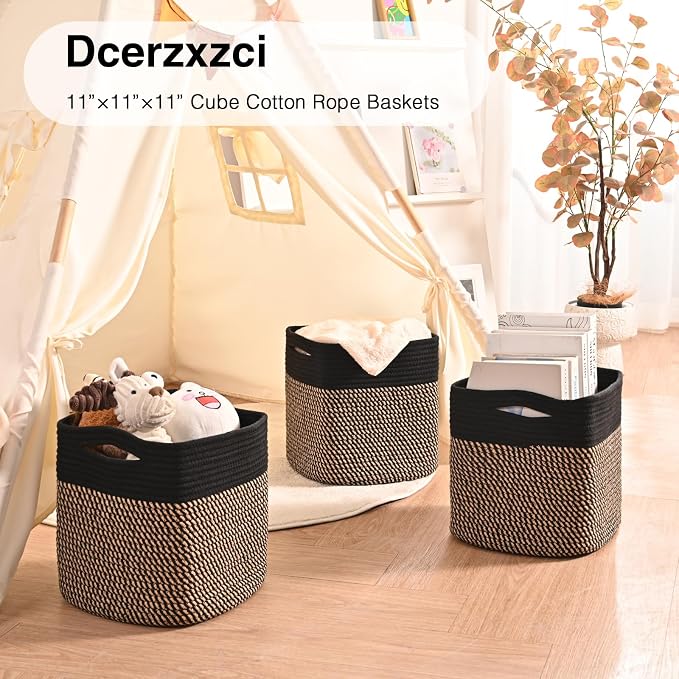 11 Inch Cube Storage Bins, 11x11 Cube Storage Bins for Cube Organizer, Square Cloth Storage Cubes, Woven Storage Baskets for Shelves, Toy Baskets Storage Kids, Black & Jute (Pack of 3)