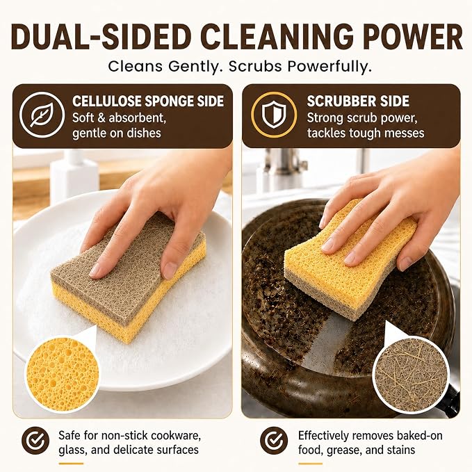 Natural Kitchen Sponges for Dish, 6 PCS Cellulose Sponge with Coconut Fiber | Natural cellulose & coconut fiber, Non-scratch cleaning, Rich lasting foam, Flexible design, Easy-grip shape, 6-pack value