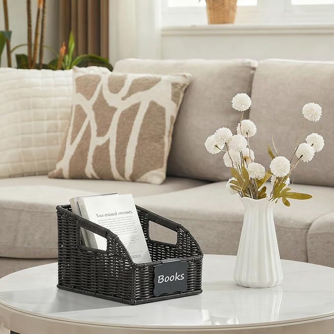 Pantry Organizers, Handwoven Large Wicker Baskets for Shelves, Labeled Storage Baskets for Organizing with Handles - Waterproof Plastic Storage Bins, Boho Decorative, 3Pack, Black