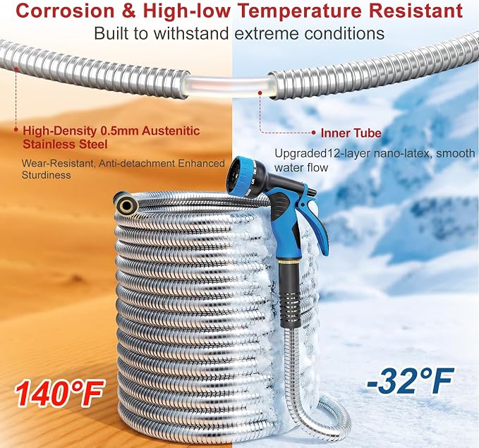 Lefree 75ft Metal Garden Hose - 304 Stainless Steel Water Hose | Flexible Heavy Duty No Kink Leak Proof with Upgraded Handle & Spray Nozzle for Yard Garden Pet Bath Outdoor Cleaning