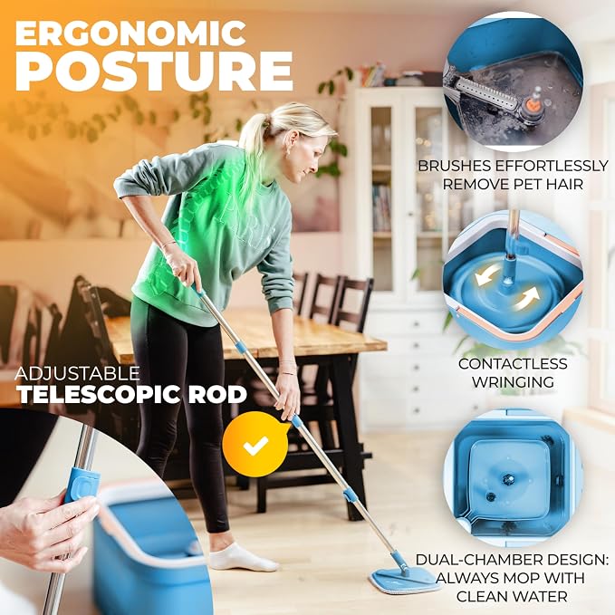 Mop and Bucket Set, Mops for Floor Cleaning, Spin Mop, Blue | Spin Mop With Wringer, Dual Chamber Bucket, Flat Microfiber Mop, 2 Washable Heads, 63 Inch Handle