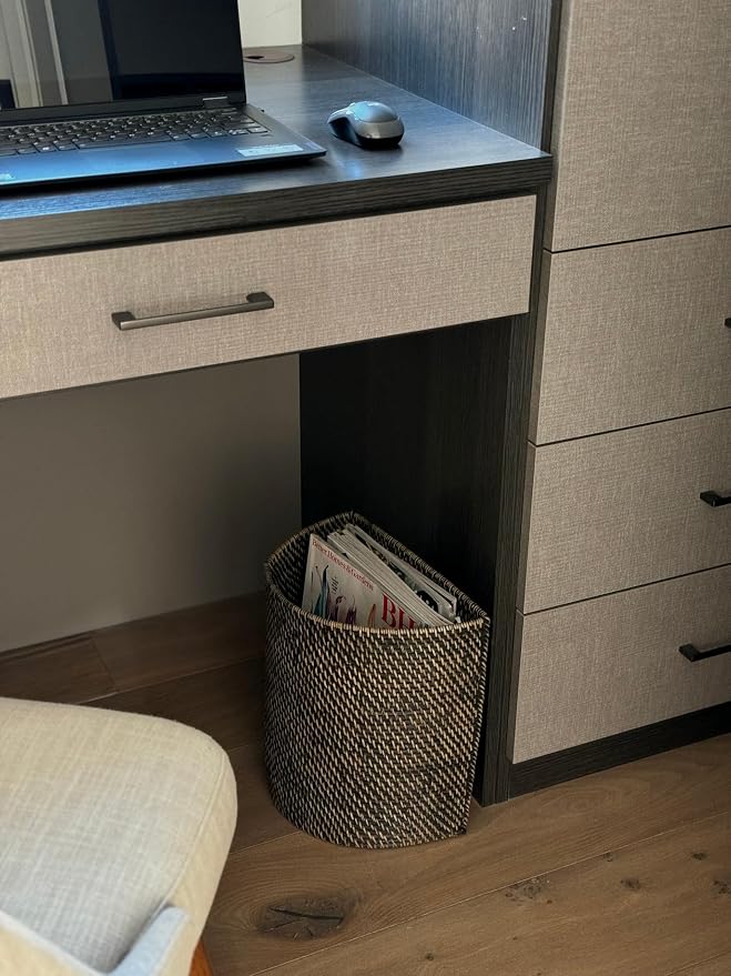 KOUBOO Half-Moon Rattan Waste Basket, Wicker Trash Can, Indoors, Black Wash | Handwoven natural texture, space-saving half-moon shape, lightweight design, ideal for paper and dry household waste