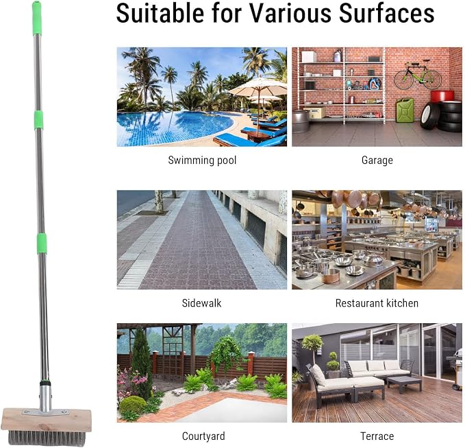 Stainless Steel Floor Scrubber Deck Brush with 120CM Adjustable Handle, Suitable for Concrete, Grout and Moss Removal, Ideal for Home and Outdoor