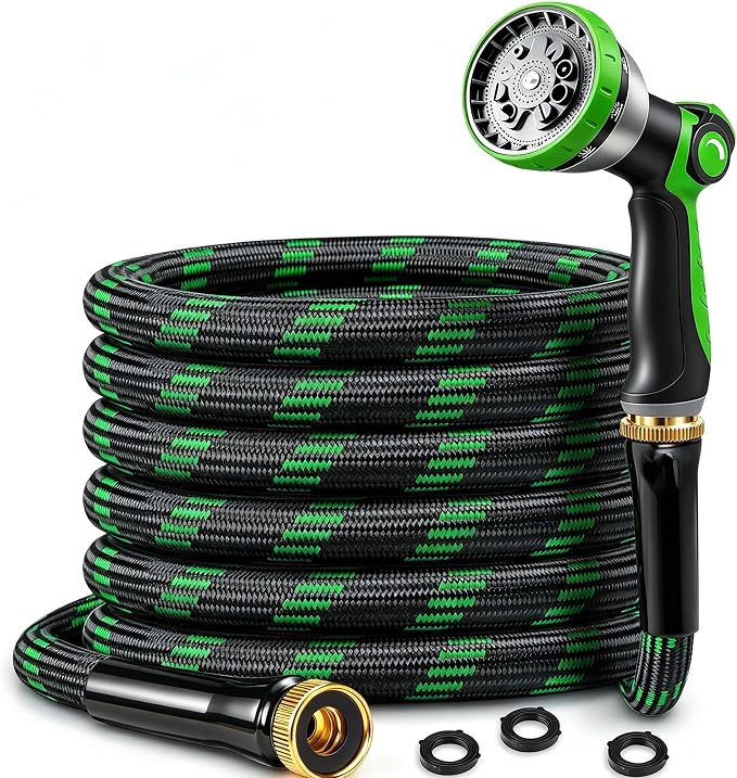 Garden Hose 25FT, Ultra Lightweight with 10-Function Nozzle | Kink-free & leak-proof 25FT hose. Ultra-lightweight 2.8 lbs, durable fittings, 10-pattern nozzle. Includes 3 extra washers.
