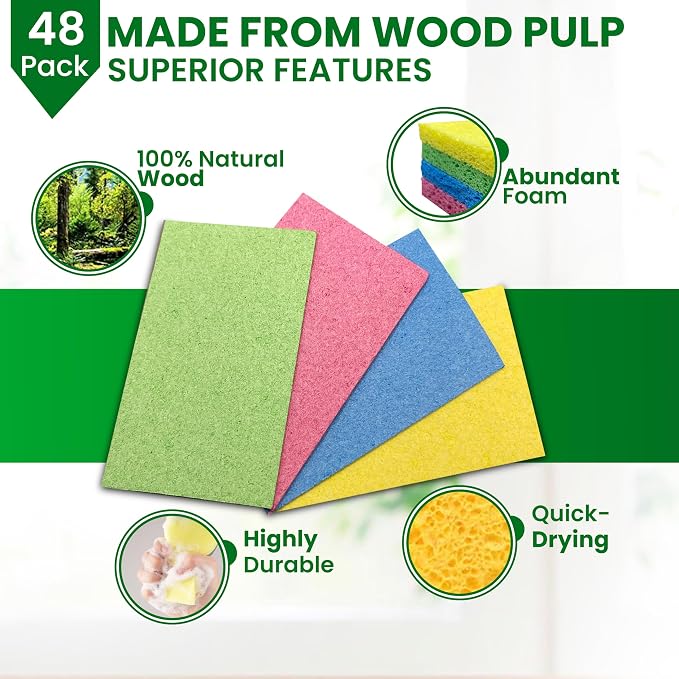 Cellulose Sponges – 48-Pack Multicolored Compressed Natural for Kitchen – Plant-Based, Biodegradable, Non-Scratch, Quick-Dry, Super-Absorbent for Dishes & Surfaces (48, Multicolor)