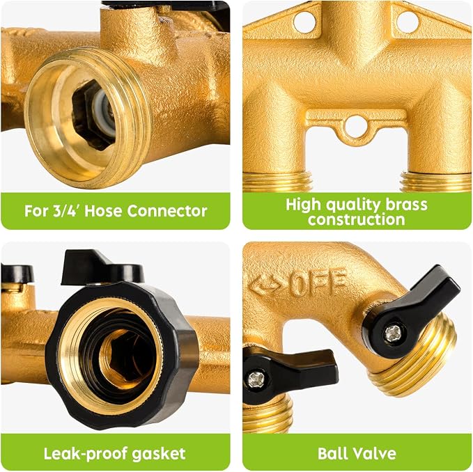 Brass 4 Way Faucet Splitter, 4 Port Manifold, 4-Way Garden Hose Splitter, 3/4" Heavy-Duty Spigot Adapter with Individual Shutoff Valves, Solid Brass Manifold, Leak-Resistant