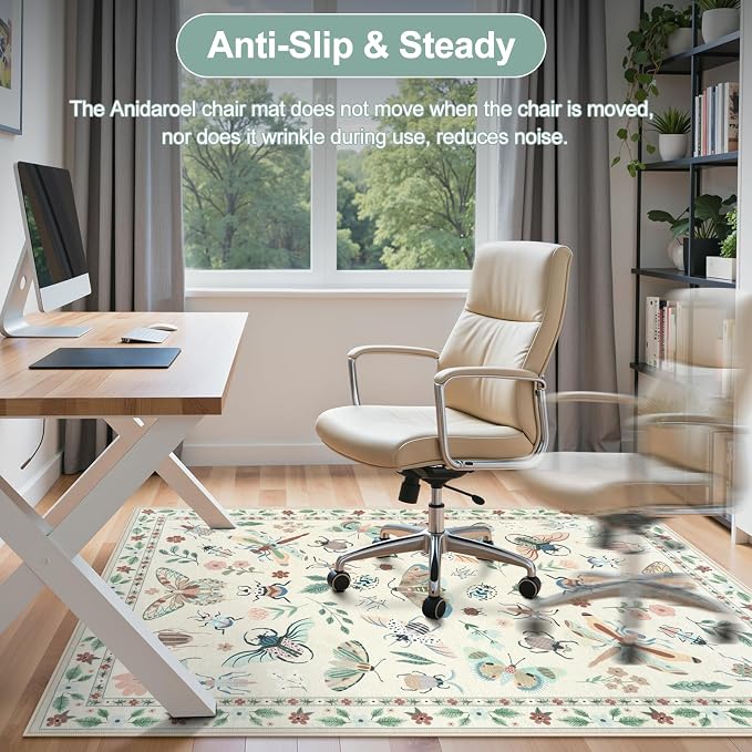 Anidaroel 48"x60" Office Chair Mat for Hardwood Floor/Tile Floor, Anti-Slip Floor Mat for Office Chairs, Low Pile Desk Rug for Offices, Beige Insect Print Office Chair Rug