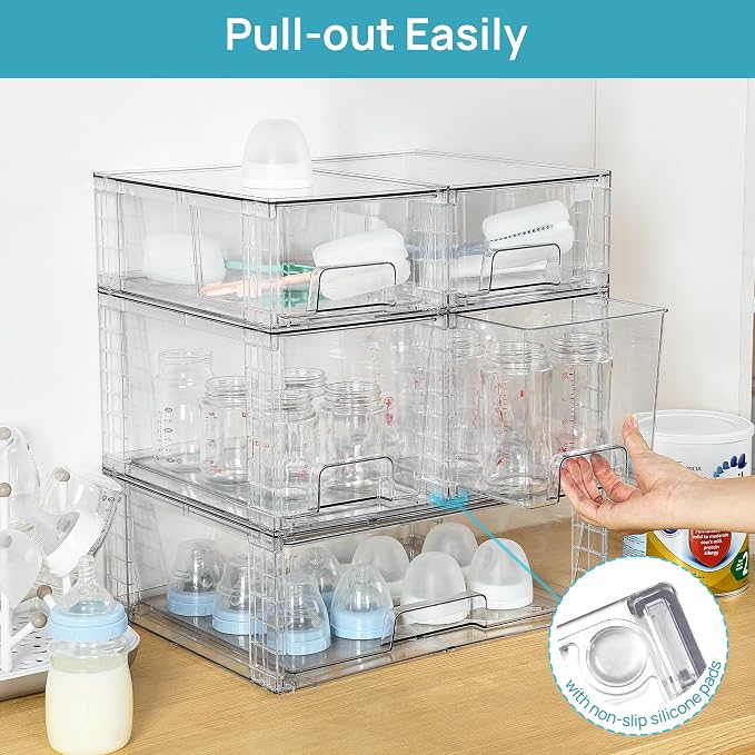 Vtopmart Clear Stackable Storage Drawers, 7 Pack Multi Size Set | Wide, Medium and Small Pull-Out PET Drawers for Flexible Organization, Stackable Storage for Cabinets, Closets, Pantry