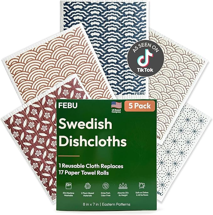 FEBU Swedish Dishcloths for Kitchen, 5 Pack, Eastern | Reusable Paper Towels Washable, Swedish Dish Towels, Non-Scratch Cellulose Sponge Cloths, No Odor
