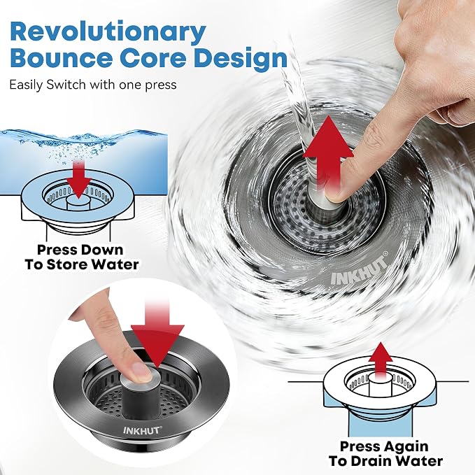 Upgraded 3 in 1 Kitchen Sink Drain Strainer (Dark Grey) | Stainless Steel Sink Stopper, Anti-Clogging Food Catcher Basket, Bounce Core Drain Strainer Plug for 3 1/2 inch Drain