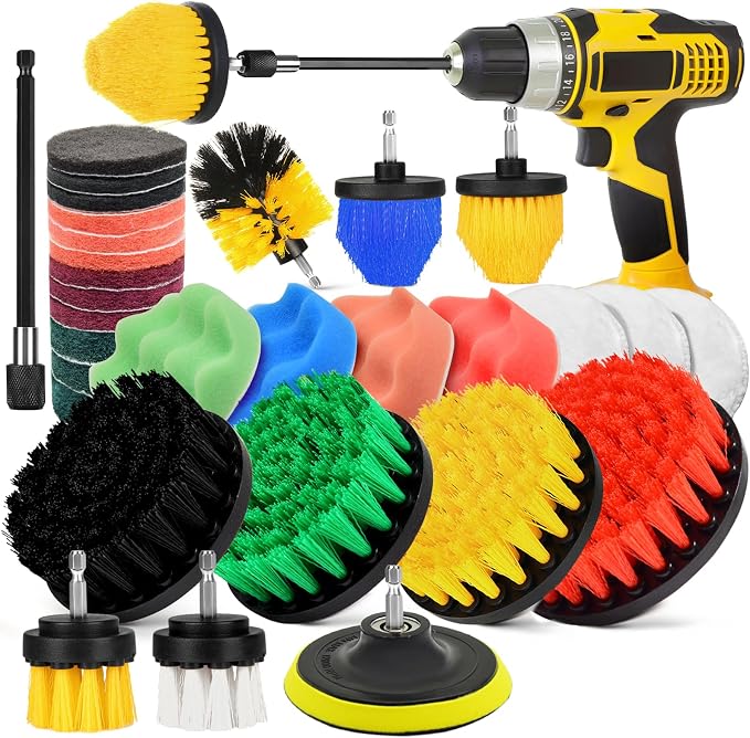 30Pcs Drill Brush Attachment Set,Drill Scrubber Brush Kit Include Scrub Pads, Sponge, Extend Attachment, Drill Cleaning Brush Attachment Set for Bathroom, Tub, Tile, Corner, Floor, Grout, Boat