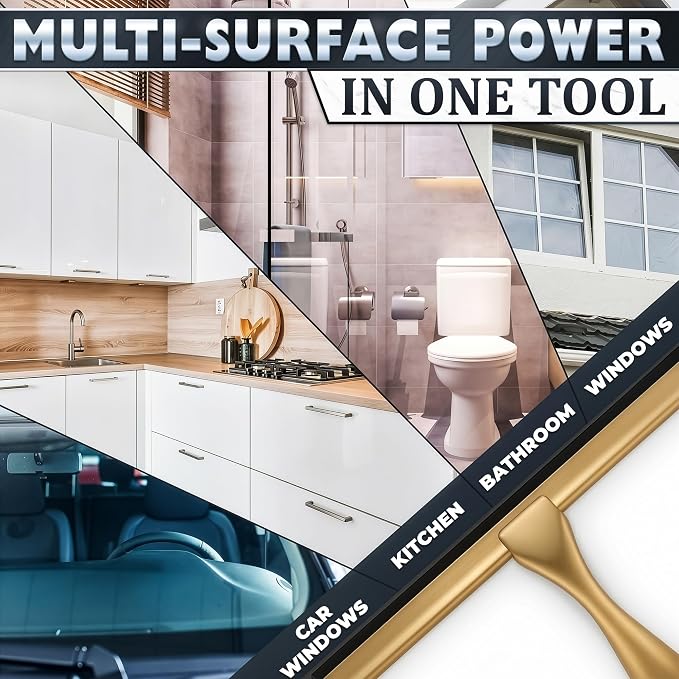 Stainless Steel Shower Squeegee, Glass, Silicone, 10 Inch (Gold) | Shower Door Squeegee with Silicone Blade, Adhesive & Hanging Hooks for Mirror, Tile, Window, Car, Multi-Surface Everyday Use
