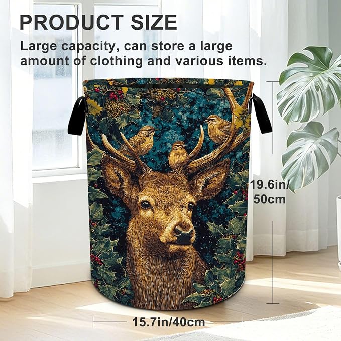 Deer Birds Laundry Basket Foldable Oxford Laundry Hamper With Handle For Room Bathroom Bedroom