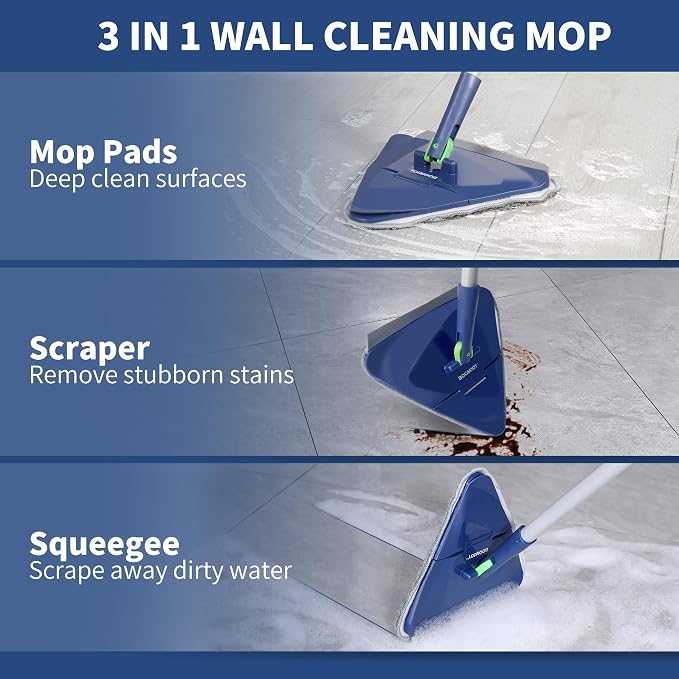 BOOMJOY Wall Cleaner Mop with 82 Inches Long Handle, Baseboard Cleaner Tool Duster with Squeegee, Ceiling Cleaning Tool with 6 Replacement Pads for Painted Walls, Window, Floor - Blue