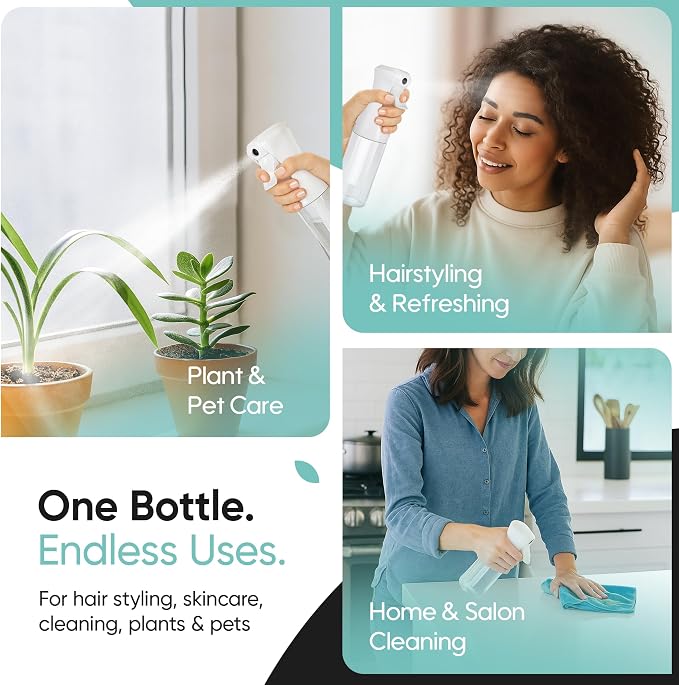 Aquableu Spray Bottle for Hair – Continuous Mist Spray Bottle for Hair Care, Styling, Cleaning, Plants, Pets & Essential Oils (Pack of 2 - Clear, 6.76oz/200ml)