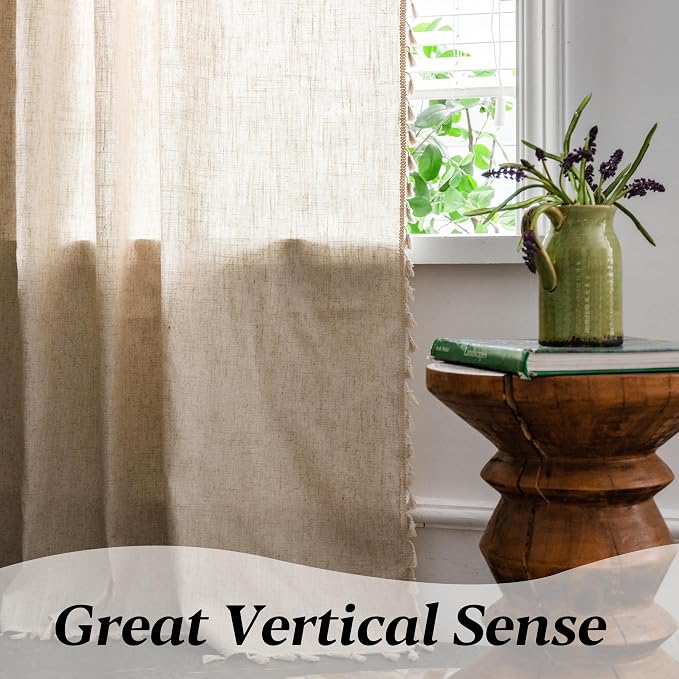 Sutuo Home Boho Curtain for Farmhouse Bedroom, Natural Linen Look Textured Burlap Rod Pocket Chic Light Filtering Bohemian Handmade Tassels Window Treatment for Living Room, 1 Panel 59" W x 108" L