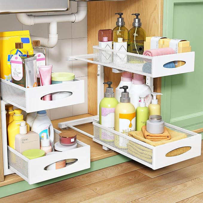 Under Sink Organizer, 2 Pack 2 Tier Pull out Cabinet Organizer Baskets with Mesh Sliding Drawers, Slide out Sink Storage Shelves for Kitchen, Bathroom, Pantry, Cabinet Organizers and Storage(White)