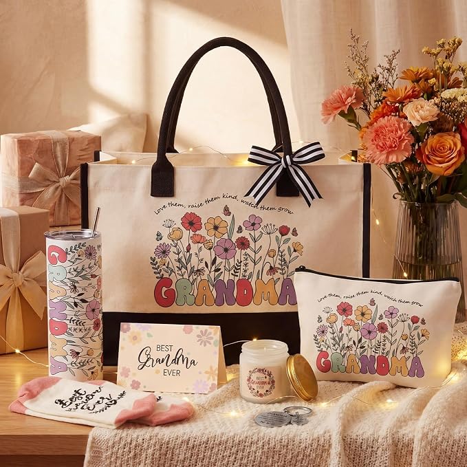 Patelai 7 Pcs Grandma Gifts, Christmas Grandma Gifts for Best Grandmother | Birthday Gift from Grandkids Grandchildren Thank You Set with 20oz Tumbler Tote Bag Candle Socks Makeup Bag Keychain Card