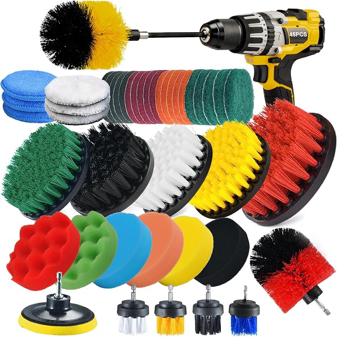 45 Piece Drill Brush Attachment Set, All Purpose Power Clean Scrubber Brush, Scrub Pads & Sponge with Extend Long Attachment for Bathroom, Kitchen,Grout,Tub,Tile,Corners, Auto