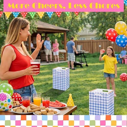 Hushee 4 Pcs 13 Gallon Blue Plaid Disposable Pop up Trash Cans for Parties | Cardboard Garbage Can with Handles, Trash Bags, Clip, Collapsible Trash Cans, Portable Gingham Trashs Bins for Event, Kitchen