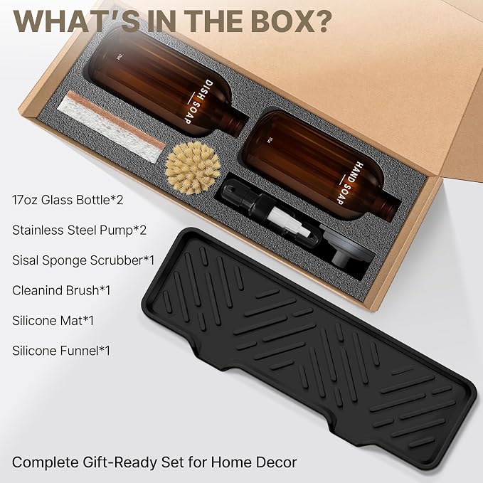 Kitchen Soap Dispenser Set with Self Draining Silicone Tray, Brush, Sponge | Hand and Dish Soap Dispenser Set, 2 x 17oz Amber Glass Soap Dispensers, Stainless Steel Pumps, Kitchen Sink Organizer