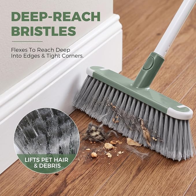 DEANIC 4-in-1 Mop Broom Brush with Holder Wall Mount Set | Floor Cleaning Tool Set with Extendable Handle (43 in to 49 in) ,Triangle Scrub Brush for Home Kitchen Bathroom Hardwood