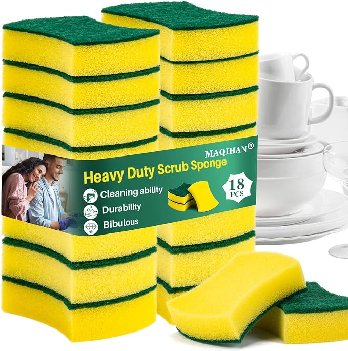 MAQIHAN 18PCS Kitchen Sponges - Heavy Duty Scrub Sponge for Dishes Pots | Double Sided Cleaning Sponges for Pots, Pans and Sinks - Durable Scrub Layer for Everyday Kitchen Cleaning Tasks