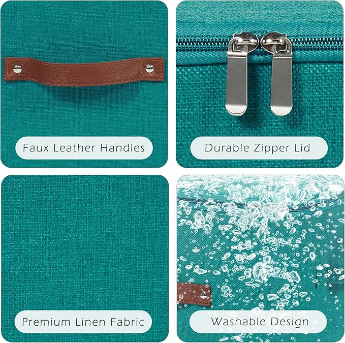 2PCS Storage Bins with Zipper Lids Decorative Lidded Basket Box | Clothes Container, Closet Shelf Organizer, Foldable Washable, Cotton Linen Fabric, w/ PU Leather Handles, Teal Blue, Small