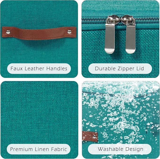 Storage Bins with Zipper Lids Decorative Lidded Baskets Boxes | Clothes Container, Closet Shelf Organizer, Foldable Washable, Cotton Linen Fabric, w/ PU Leather Handles, Teal Blue, Small