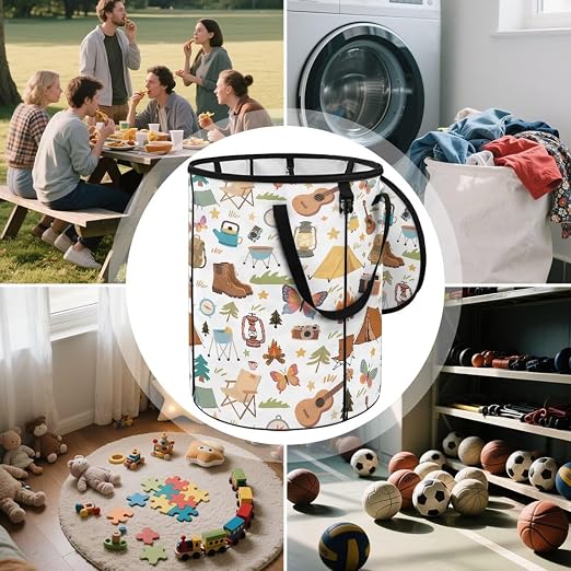White Camping Trash Can Collapsable Cute Design Large Capacity Outdoor Garbage Can with Zipped Lid Water Resistant Trash Can Bags for Travel, Hiking, Outings